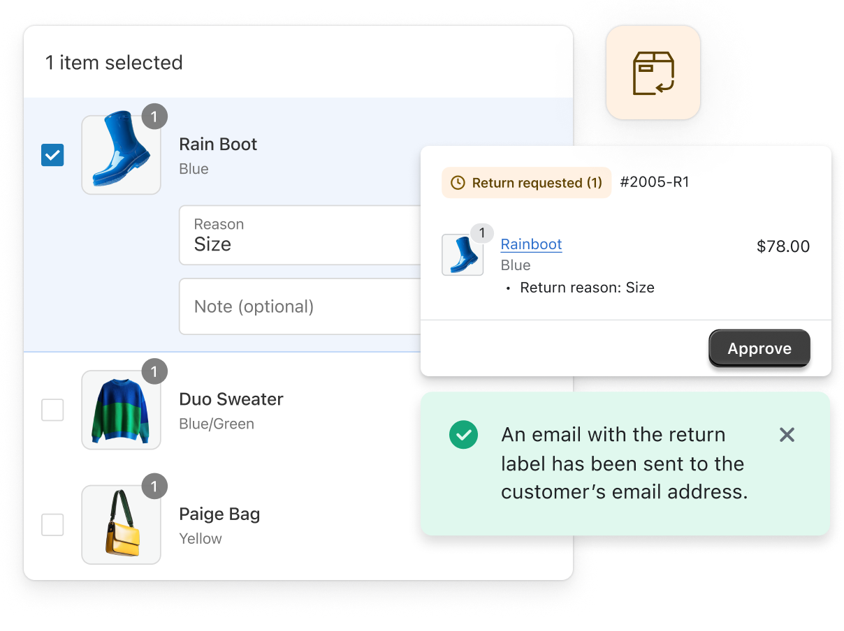 The image displays a computer screen with an open return request from a customer featuring jewelry items. There is a button at the top labeled "Request Return", indicating that the customer is requesting to return or exchange an item. The screen also shows a modal that allows someone to approve a return, as well as send an email to the customer notifying them about the return. The user is likely considering their options for returning or exchanging the jewelry item they received.